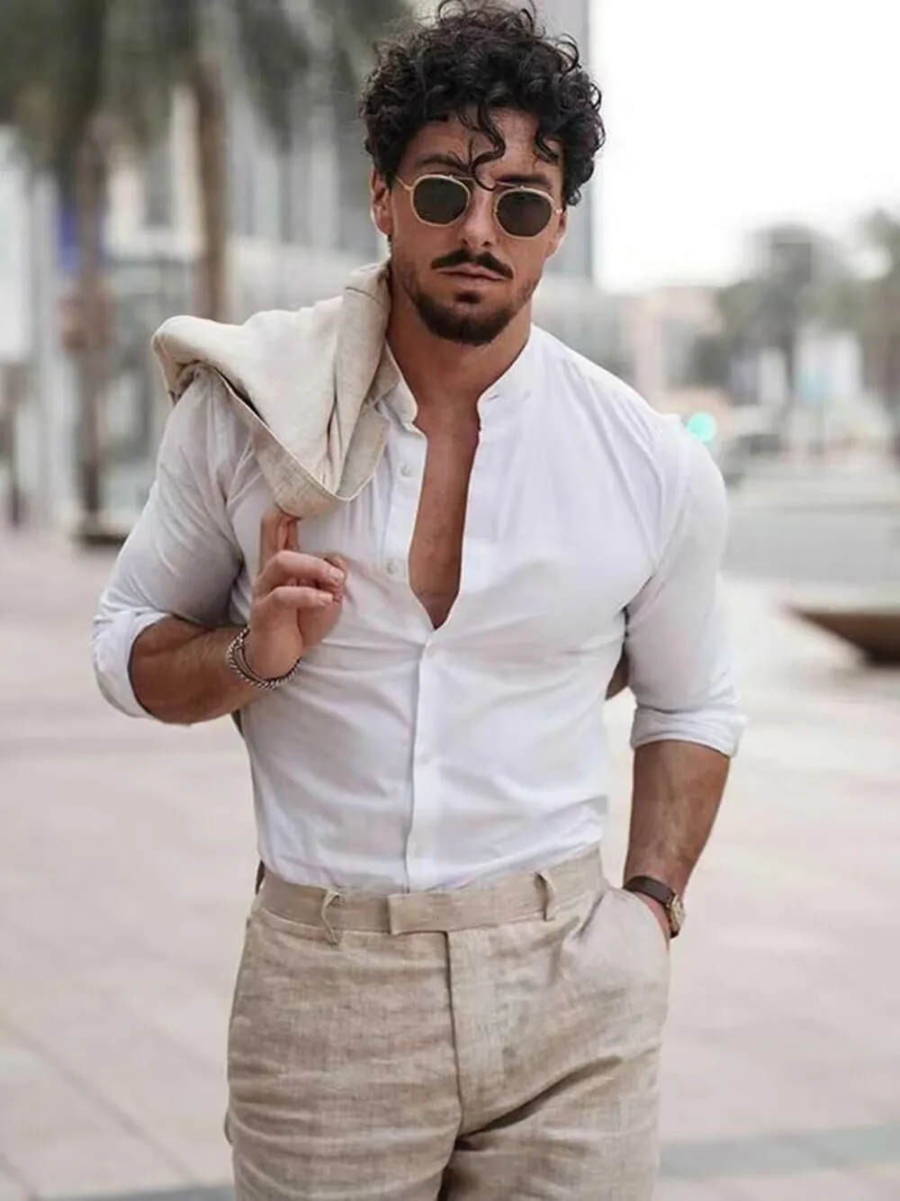 High Quality 2 Piece Casual Beige Linen Men Suits Single Breasted Slim Fit Notch Lapel Blazer with Pants Wedding Costume Homme