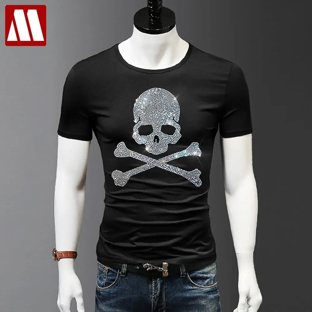 New Skull Hot Drilling T-Shirt Men's Black White Cotton Short Tshirt High Quality Rhinestone Top Tees Shirt Male Shining lights