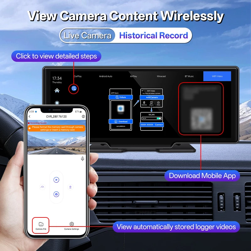 10.26” 4K DVR Portable Car Radio Wireless CarPlay Android Auto Dash Cam IPS Touc