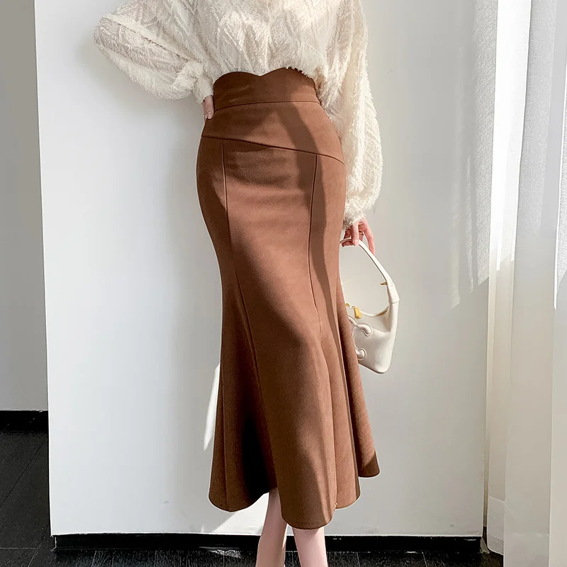 

Fashion High Waist Midi Skirts For Women 2023 Spring Slim Fit Hip Mermaid Skirt Woman Korean Sexy Slit Ruffles Brown Skirts P437
