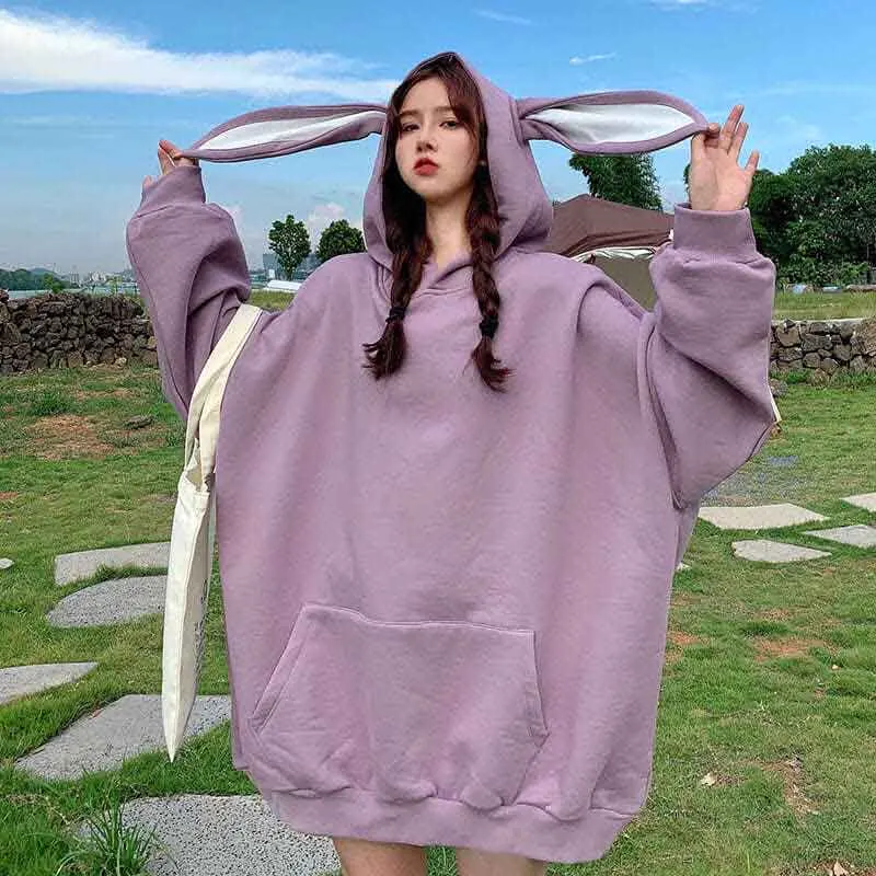 

Rabbit Women Long Sleeve Hooded T Shirts Spring Summer Korean Fashion Pocket Casual 2xl Oversized Pullovers White Purple Easter