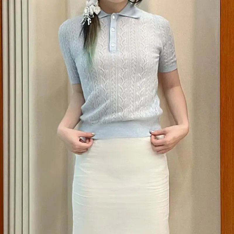

Korean Fashion Hollow Out Design Fried Dough Twists Texture Short Sleeve Knitted Top Lapel Button Grey Blue T-Shirt 2024 Summer