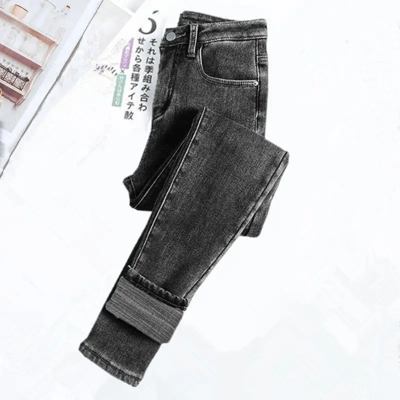 Autumn Winter New Fashion High Waist Solid Button Jeans Women's Clothing Korean Pockets Button Casual Slim Thicken Pencil Pants 4