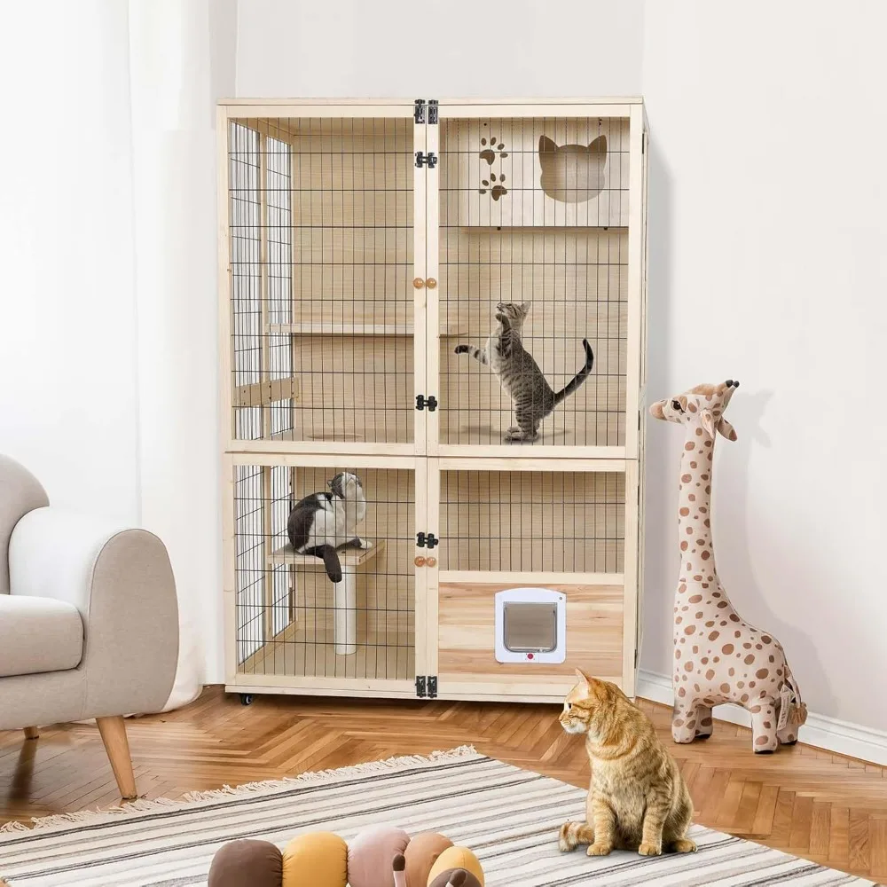 Wooden Cat House Large Space Cat Cage with Scratching Post and Lockable Wheels Double Layer House with Escape Door