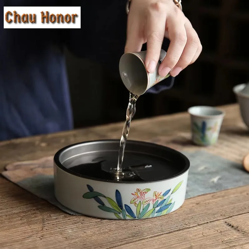 Underglaze Color Hand-painted Iris Flower Pot Handmade Saucer Round Ceramic Tea Tray Water Storage Kung Fu Tea Set Accessories