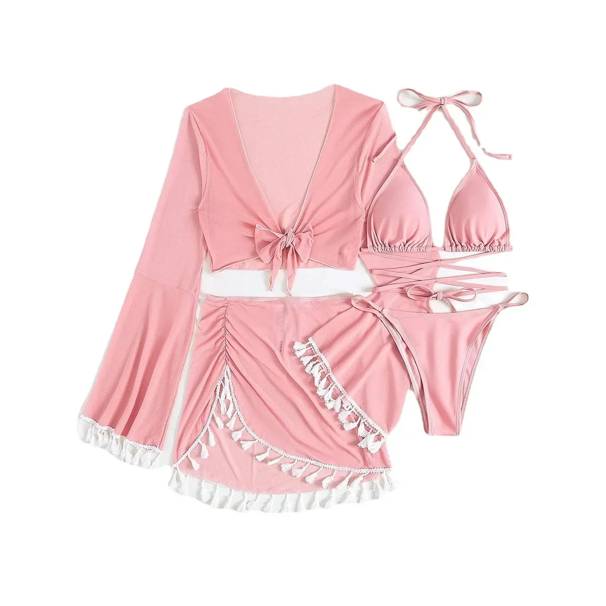 4-piece Set V Neck Strapped Tassel Swimwear Women Sexy Long Sleeve High Waist Bikini Push UP Swimsuit Summer Beack Bathing Suit