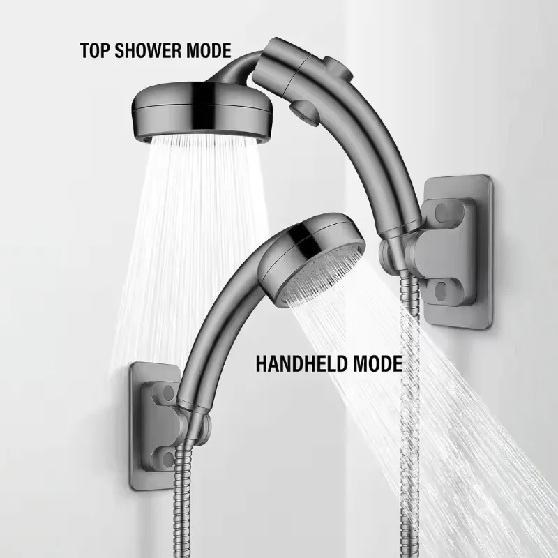 Enhanced Arc Showerhead with Dual Functionality and 360° Swivel, Featuring Top Spray and Handheld Options with One-Click Stop and Soft Water Flow