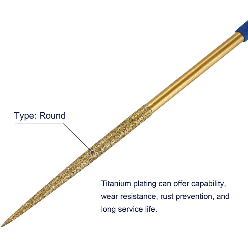 Diamond Needle File Set 3Mm X 140Mm, Round Files Titanium Coated Tools For Metal Wood Stone Glass, 10Pcs