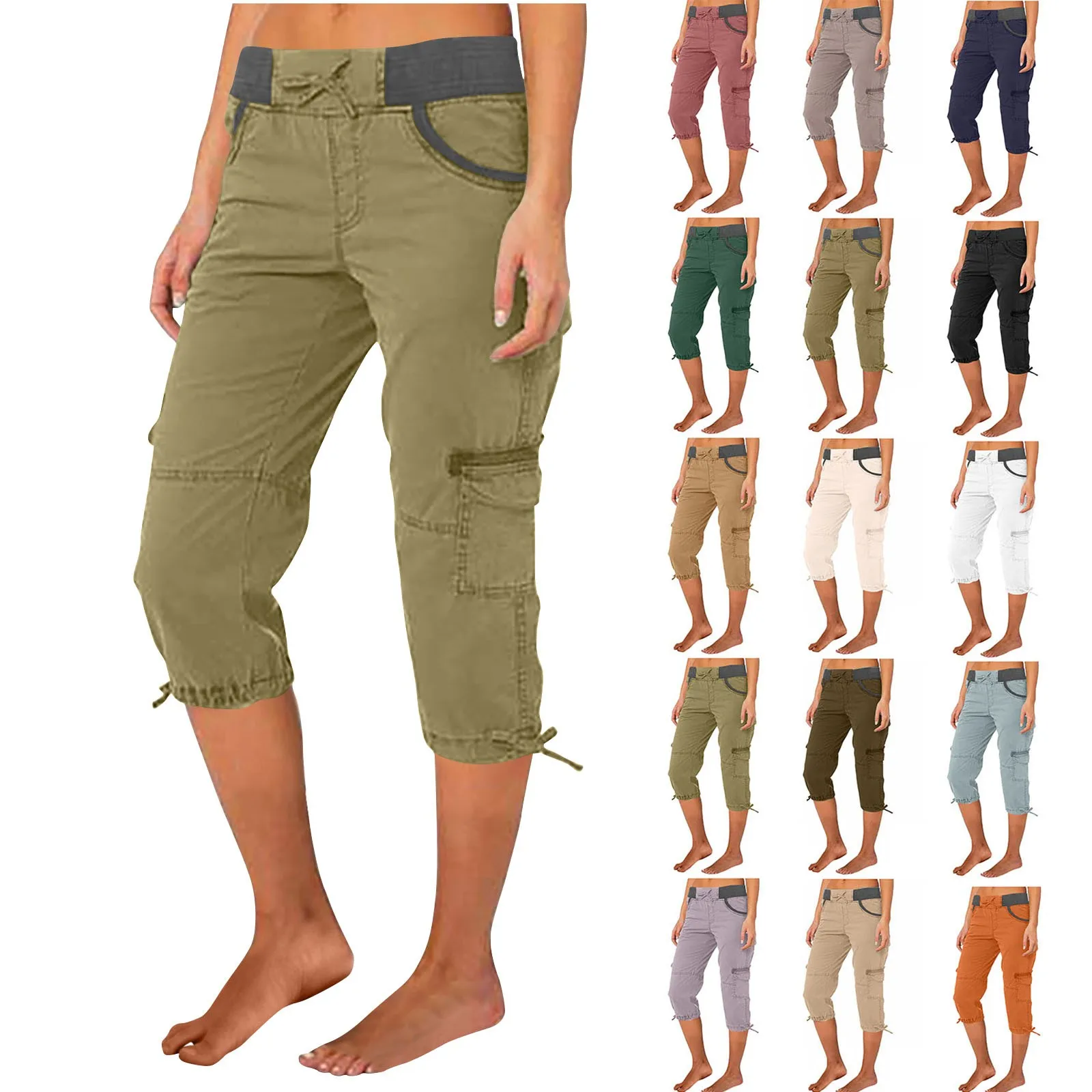 Casual Women'S Pants Color Blocking High Waisted Drawstring Pocket Workwear Pants Capris Women'S Sumer Clothes штаны карго