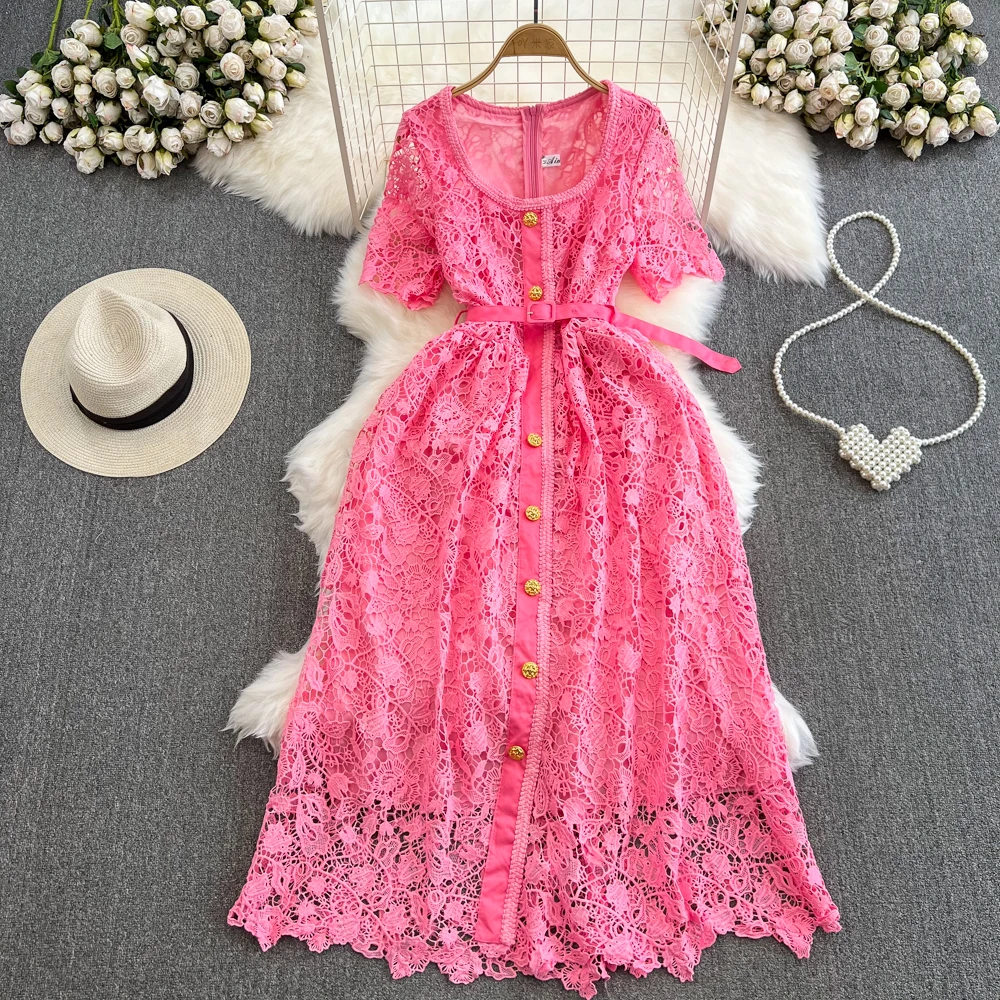 Pure Color Y2K Women A Line Elegant Office Ladies Vestidos Casual High Waist Short Sleeve Summer Party O Neck Zipper Pink Dress