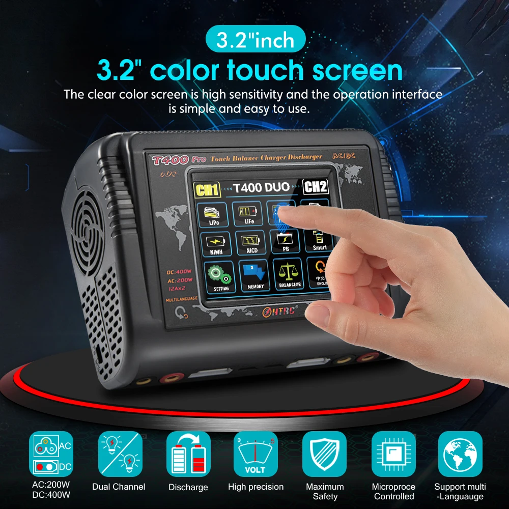 HTRC T400 프로 리포 배터리 충전기 DC 400W AC 200W 12A*2 방전기 RC 충전기 리포 리HV 리페 리론 니카드 니마하 Pb 배터리용
