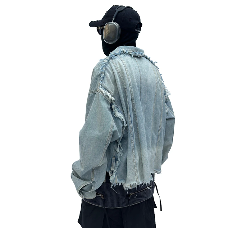 

Wasteland Style Clothes Woman Distressed Washed Tassel Destroyed Loose Short Denim Jacket Coat Men