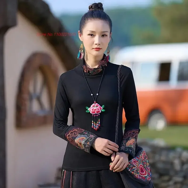 

Китайская Улучшенная футболка 2023, рубашка с воротником-стойкой и вышивкой в виде национального цветка, винтажные Топы ханьфу, Базовая рубашка для восточного костюма Тан