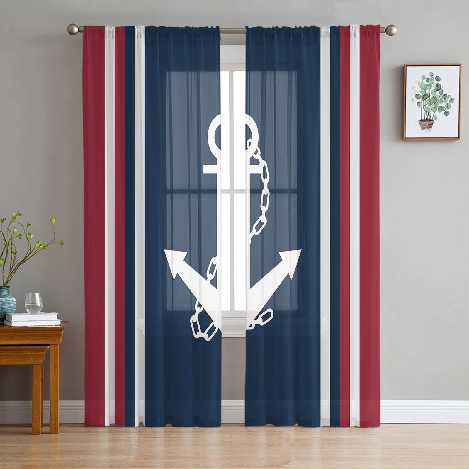 

Vertical Blue Red Stripe White Anchor Tulle Curtains Living Room Kitchen Window Decoration Chiffon Voile Sheer Curtain