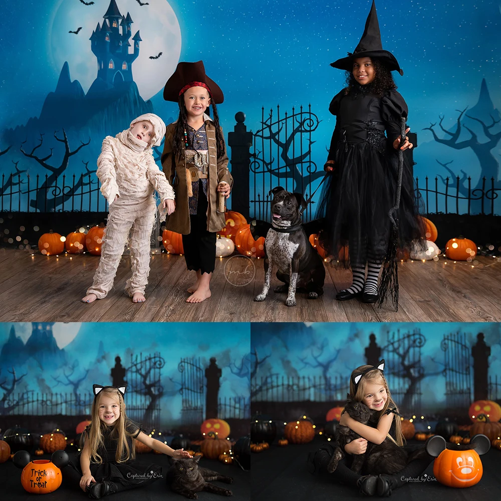 

Halloween Terror Castle Night Photo Background Kids Portrait Photo Studio Props Moon Pumpkin Backdrop Cake Smash Photography