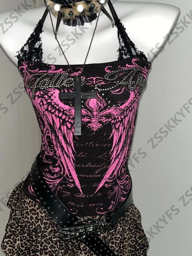 Heißer Gothic Crop Tank Top Streetwear Tube Top Grunge 2000er Y2K Kleidung Sexy Spitzen-Träger-Camisole Himekaji Letter Punk Damen Weste