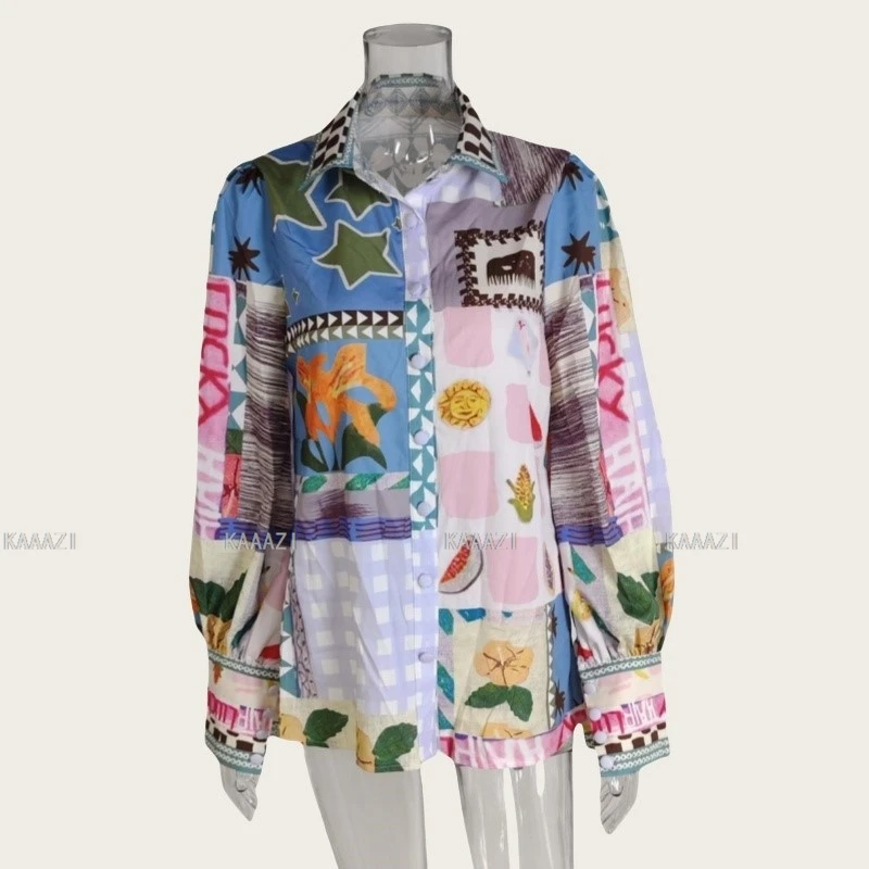 

Элегантная женская блузка с длинным рукавом-фонариком и графическим принтом, Повседневная модная свободная летняя рубашка-поло, топы, одежда для отпуска, Новинка