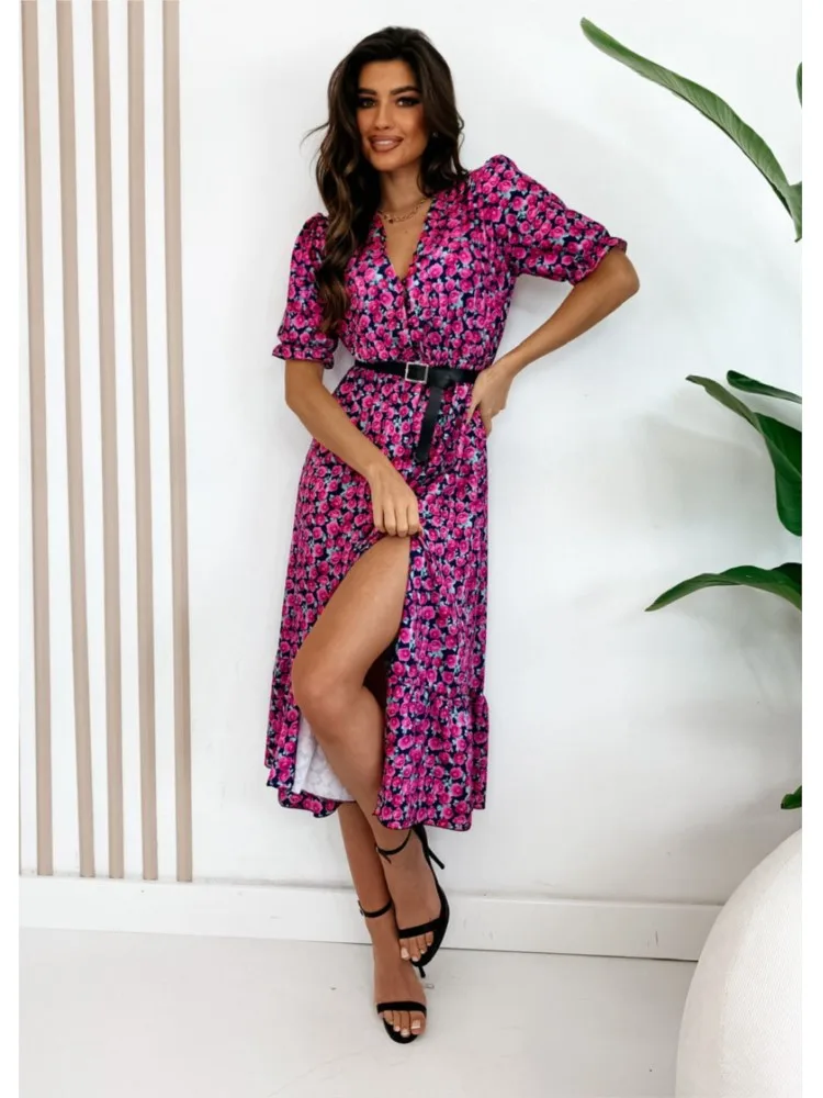 

Elegant Womne Print Floral Dress Summer Fahsion V Neck Short Sleeve Slit Sashes Office Beach Party Casual Dresses New Vestidos