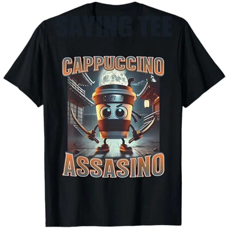 Italienisches Brainrot Cappuccino Assassino, lustiges Cappuccino Kaffee Meme T-Shirt Neuheit Geschenk Grafik Spruch T-Shirt Kurzarmblusen