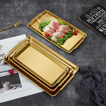 Piatto in acciaio inossidabile 304 Piatto rettangolare Vassoio dorato Decorazione artigianale Bistecca Barbecue Vassoio per snack Accessori da cucina 1