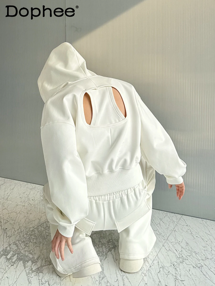 

Fashion 2024 Spring Back Hollow Design Zipper Hooded Sweatshirt Set Men's Wide Leg Sweatpants Trendy Male Two-Piece Suit