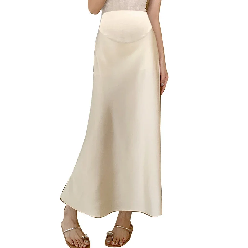 Vintage Silk Feel Smooth Pencil Skirts for Maternity Summer Thin Slim Ruffle A Line Long for Pregnant Women Youth Pregnancy Wear