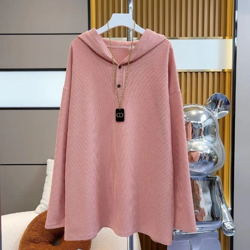 New Women's Clothing Autumn Winter Solid Color Hooded Sweater Thin Loose Medium Length Draping Large Fashion Long Sleeve Tops