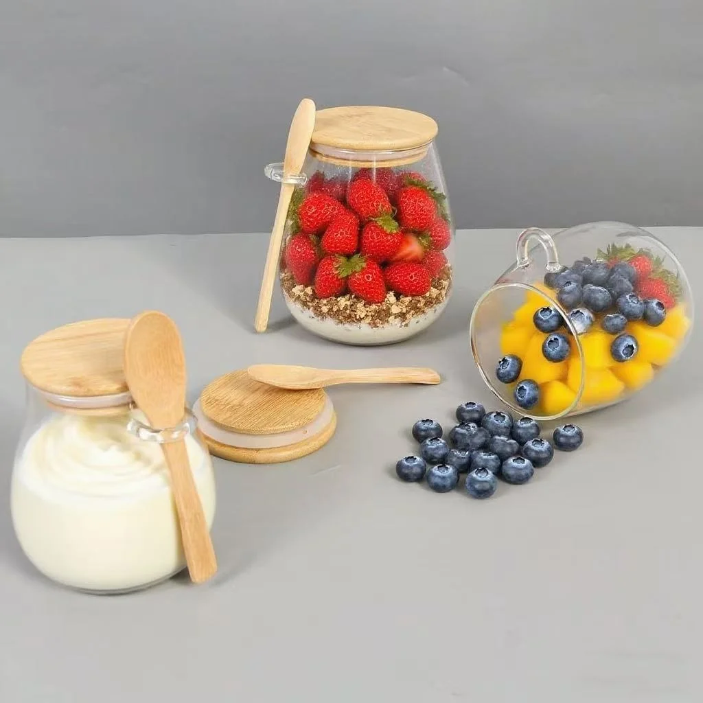 Round glass jars with bamboo lids in 350ml and 600ml sizes on kitchen shelf