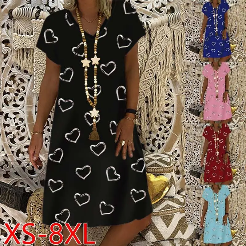 

Women's V-neck Love Printed Casual Short Sleeve Dress Loose Plus Size Dress