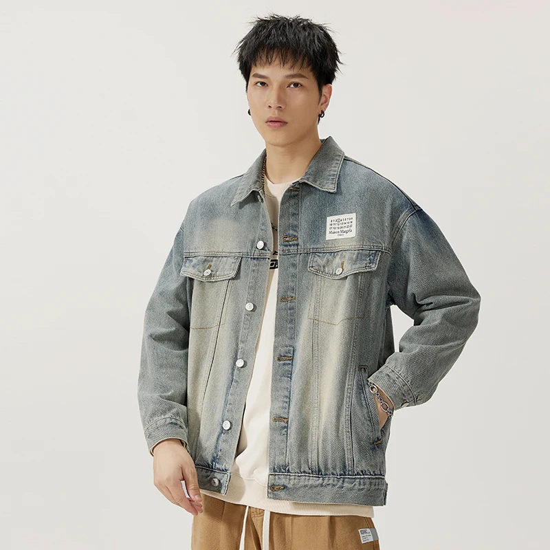 

Куртка мужская джинсовая в винтажном стиле, модный брендовый свободный пиджак-карго в американском стиле, повседневная верхняя одежда, большие размеры, на осень