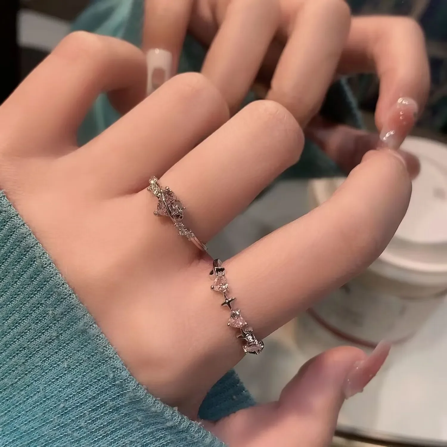 Fashion Pink Heart Crystal Heart Rings Women Y2K Elegant Rhinestone Light Luxury Exquisite Bow Knot Finger Ring Jewelry Gifts