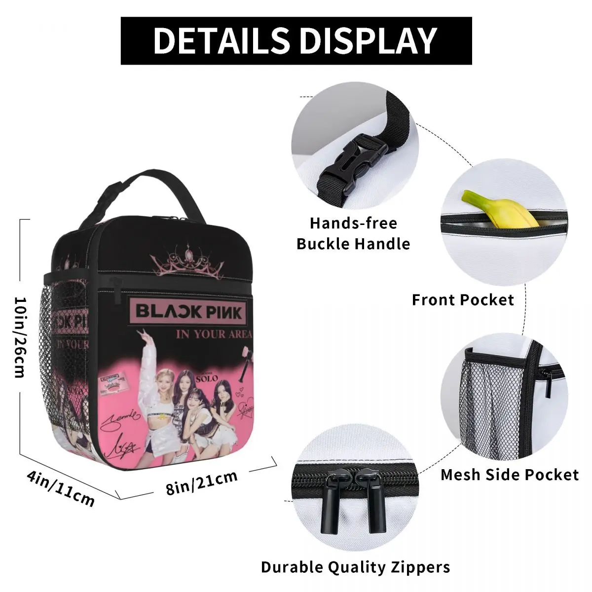 Custom Pinks Kpop-Blacks Portable Lunch Box Women Multifunction Cooler Thermal Food Insulated Lunch Bag School Children Student 5