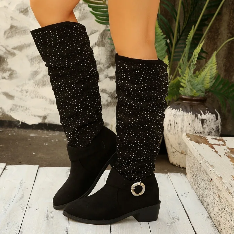 Pointed Toe Knee High Boots for Fall Winter Sparkling Cuff Design Metal Buckle Accents Thick Heel Soft Comfortable Inner Lining