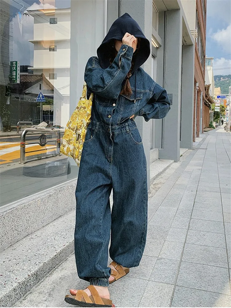 

Loose Denim Jumpsuit Overalls for Women Streetwear Hip Hop Vintage Long Sleeve One Piece Jeans Harem Pants Romper Trousers Q118