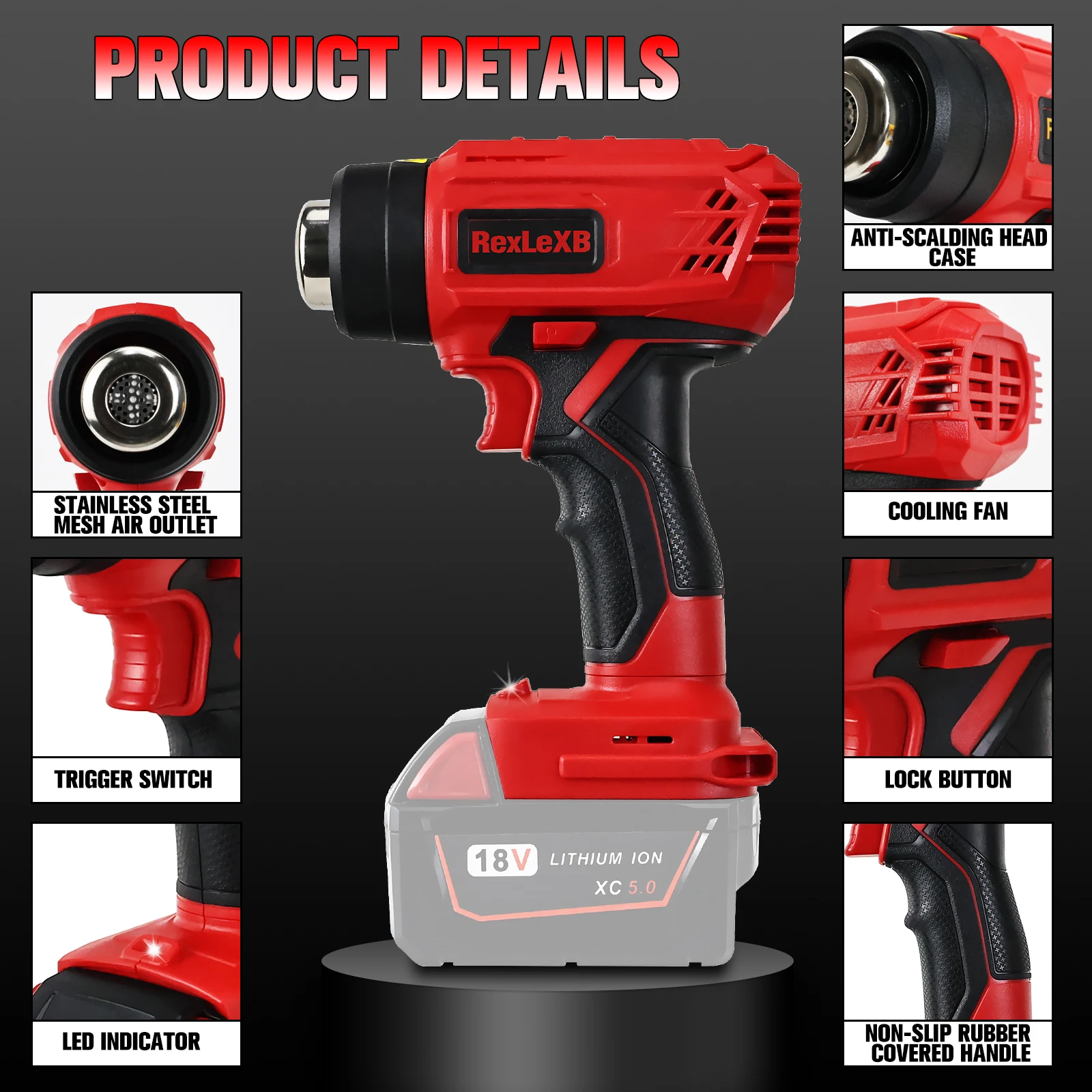 400W Cordless Heat Gun for Dewalt/Milwaukee 20V Max Battery Heat Shrink Wrapping Overload Protection Hot Air Gun (No Battery) 3