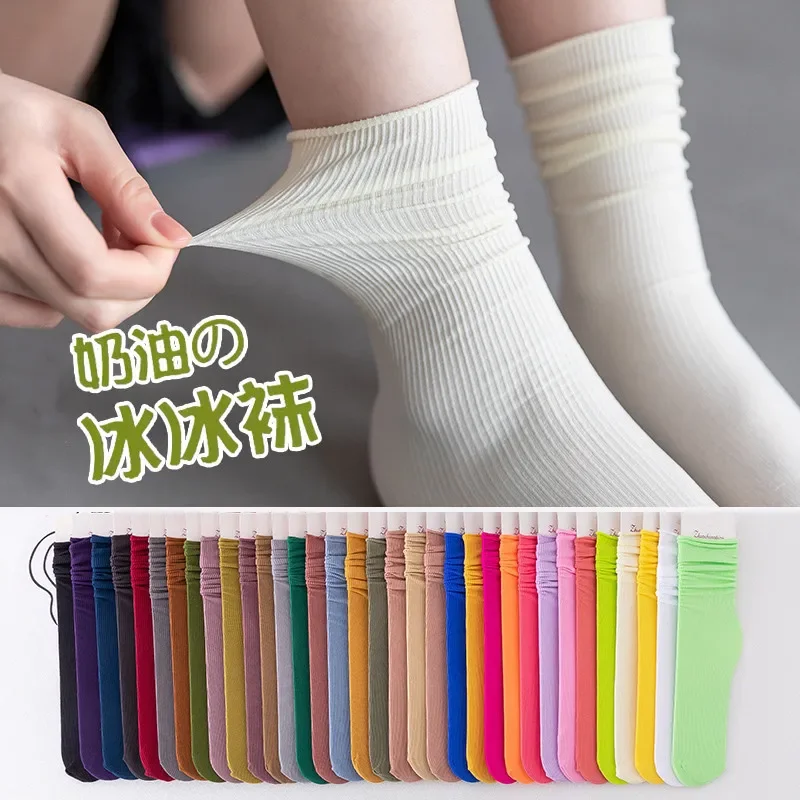 Japanese Korean Women Ice Thin Loose Calf Tube Socks Summer Nylon Socks Fashion College Style Solid Color women socks