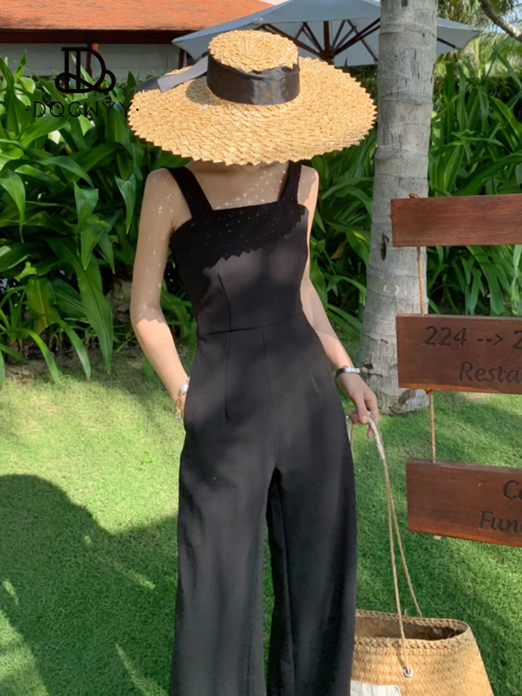 

New Summer Jumpsuit Women Black High Waisted Wide Leg Open Back Style Jumpsuit Loose Straight Shoulder Strap Jumpsuits for Women