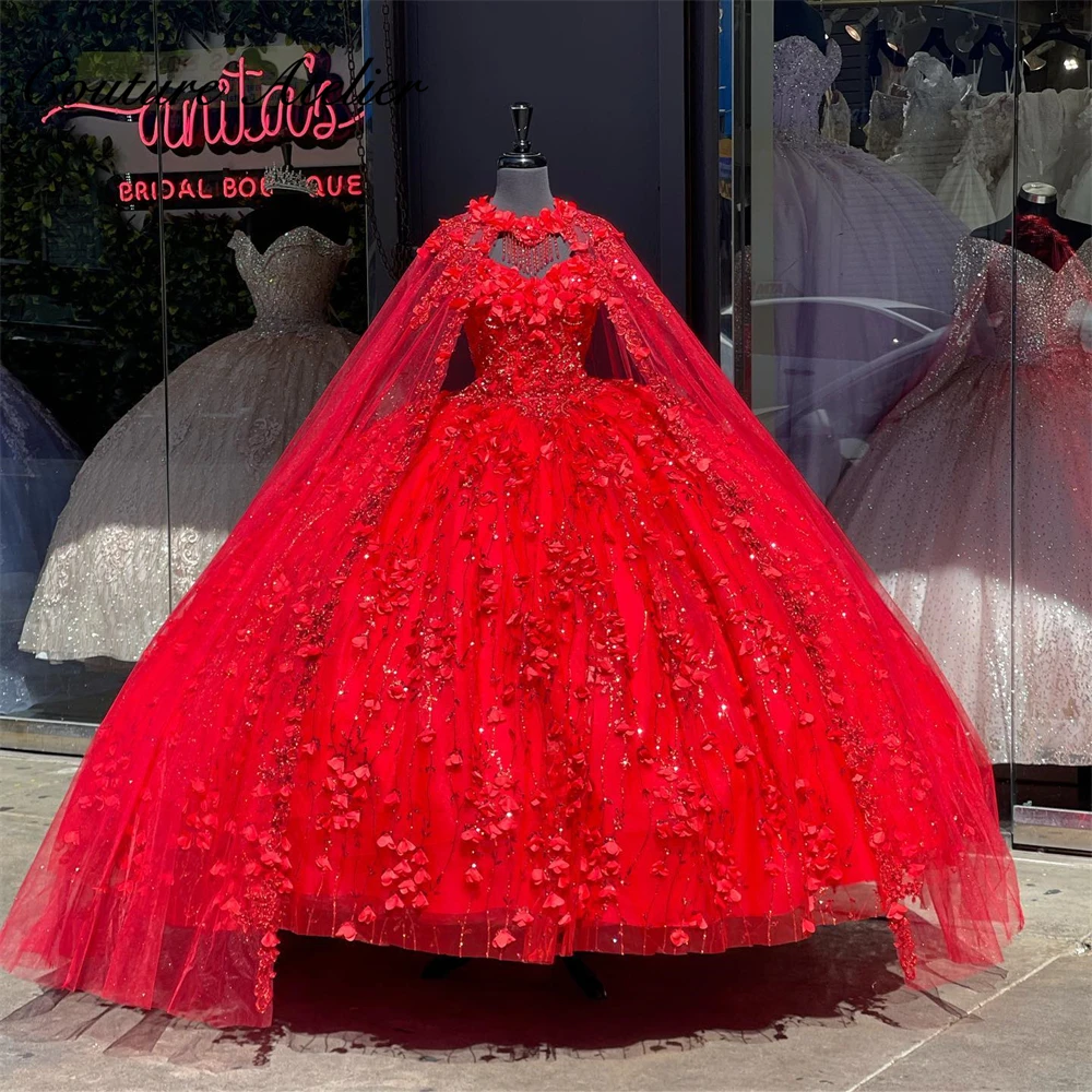 

Red Sparkly Quinceanera Dresses With Cape Tassels Sweet 16 Dresses Ball Gown 3D Flowers Tulle Birthday Gowns vestidos de 15