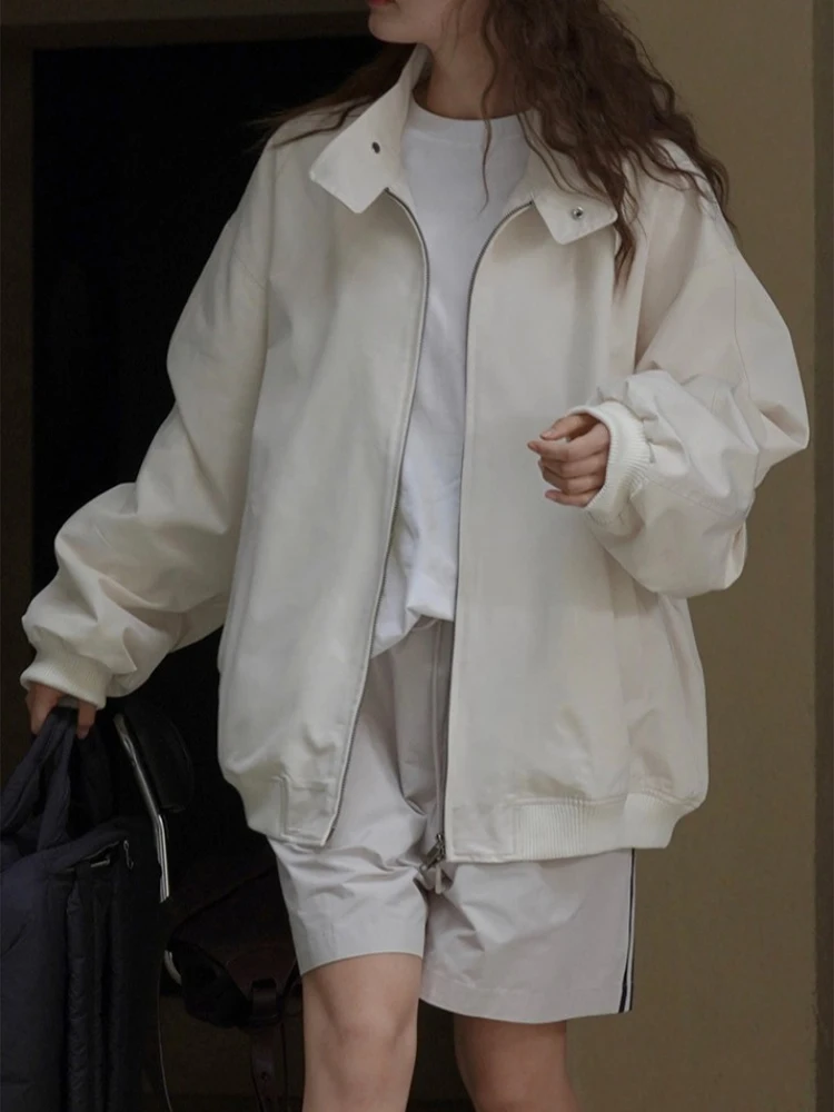[LANMREM] Fashion Stand Neck Jackets For Women Solid Long Sleeve Loose Streetwear Coats Tide Clothing 2024 Spring New 26D8620