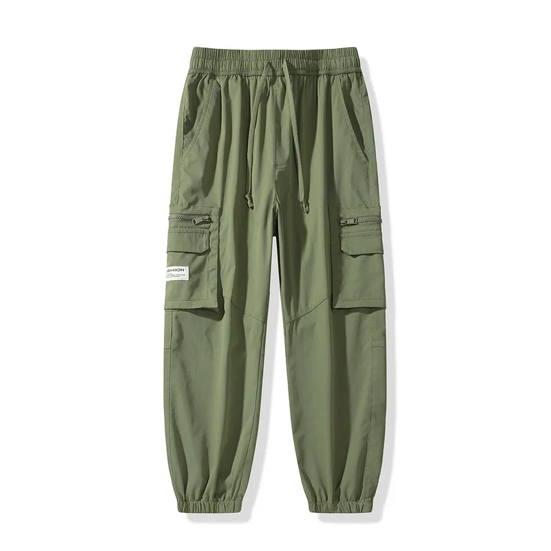 Spring and Autumn Men's Elastic High Waist Solid Color Drawstring Large Pocket Panel Tie Leg Straight Trousers Casual Pants