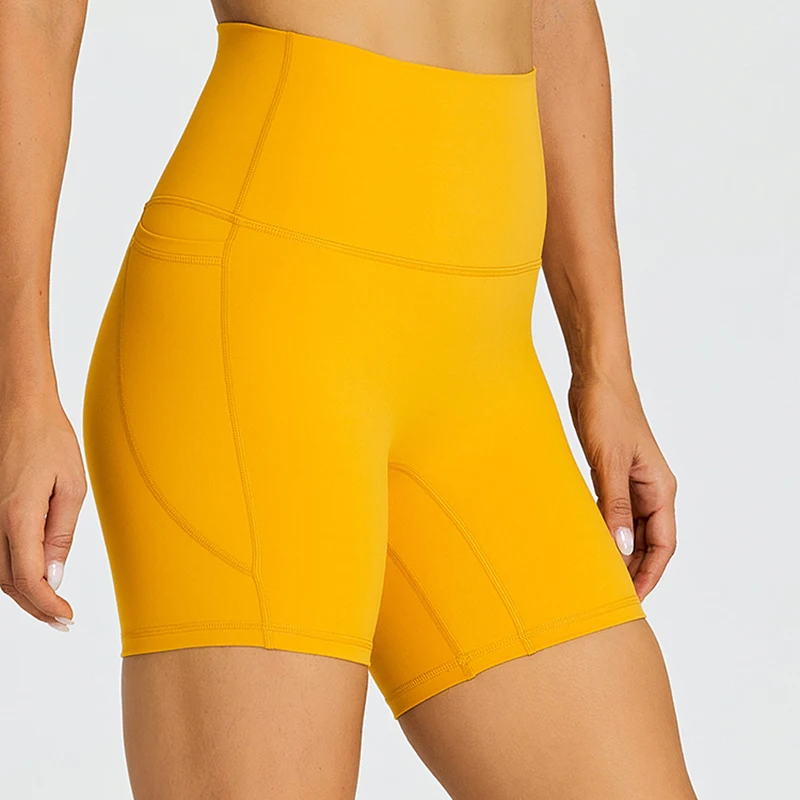 ABS No Front Seam High Waist Yoga Shorts Women Tummy Control Fitness Athletic Workout Running Shorts with Side Pockets sports shorts,running shorts,yoga shorts,workout shorts,seamless shorts