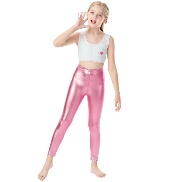 Kids Full Ankle Length Spandex Silver Metallic Tights Girls Shiny