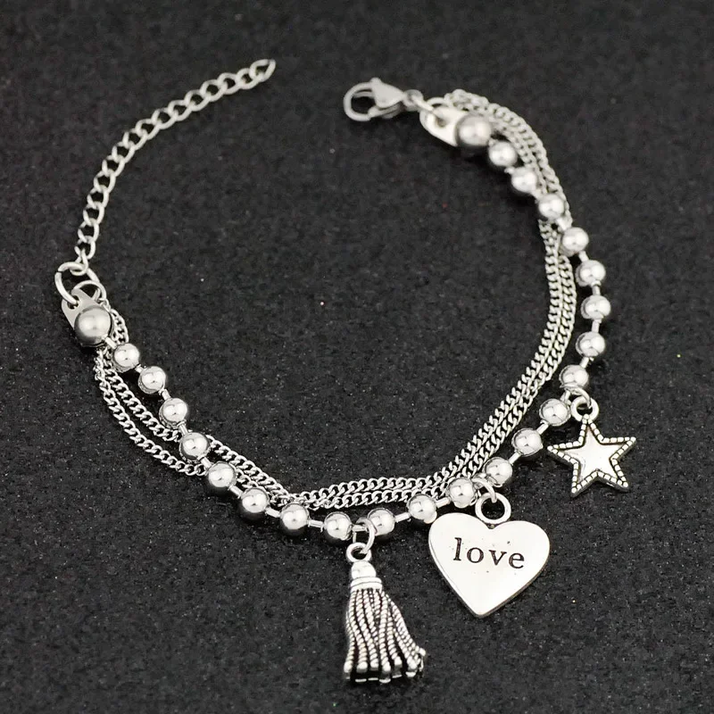 Bracelet Jewelry Bohe Punk Stainless Steel Multilayer Chain For Women Fashion Charm Star Heart Tassel Pendant
