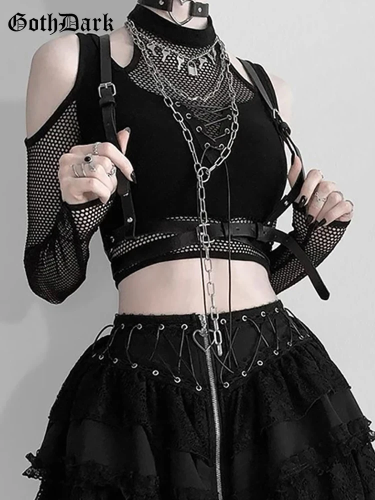 

Goth Dark Fishnet Cut Out Women Sexy Halter T-shirts Mall Gothic Grunge Black Bandage Crop Tops Punk Open Shoulder Alt Clothing