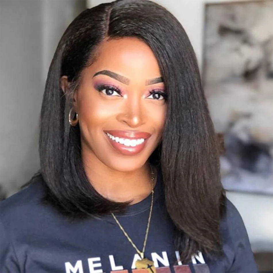 Glueless Kinky Straight Bob Wig HD Transparent 13x4 Lace Frontal Human Hair Wig Pre Plucked Malaysian Glueless Yaki Straight human hair wig lace front wig human hair wigs front lace wig