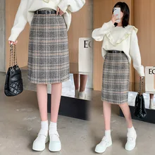 

Woolen Plaid Midi Skirts for Young Women Winter and Autumn 2022 New Lady Mid-length Woolen A-line Sexy Hipline Skirt RXHBSQ704