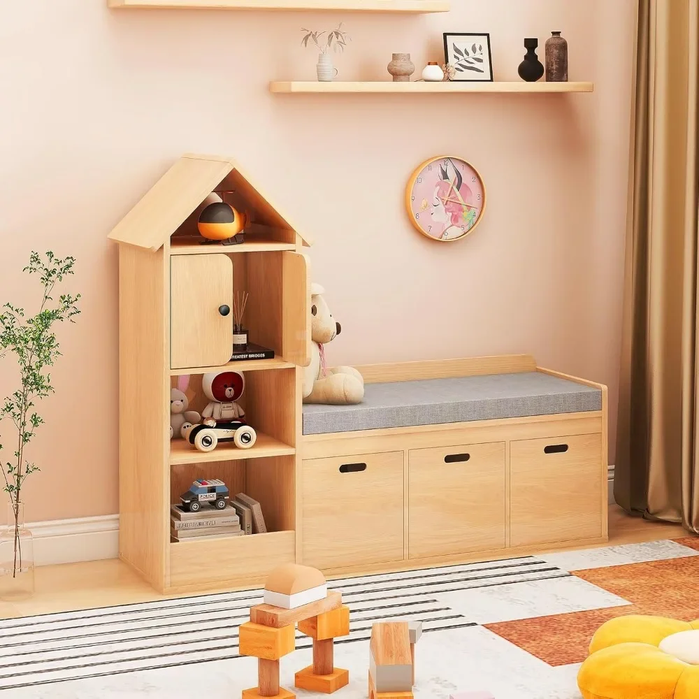 Kids Bookcase and Bookshelf with Reading Nook, Multifunctional Bookcase with 3 Open Storage Cubbies and 3 Drawers, Bookcase 6