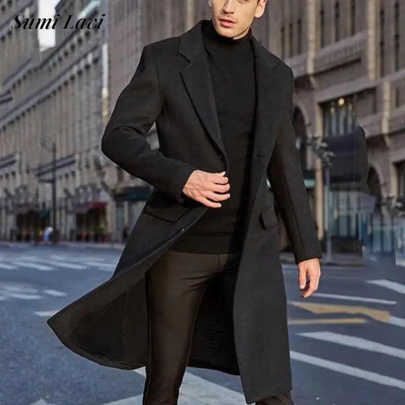 

Overcoats Men Winter Woolen Long Jacket Coat Mens Business Casual Windbreaker Jackets Fall Fashion Lapel Buttoned Trench Jacket