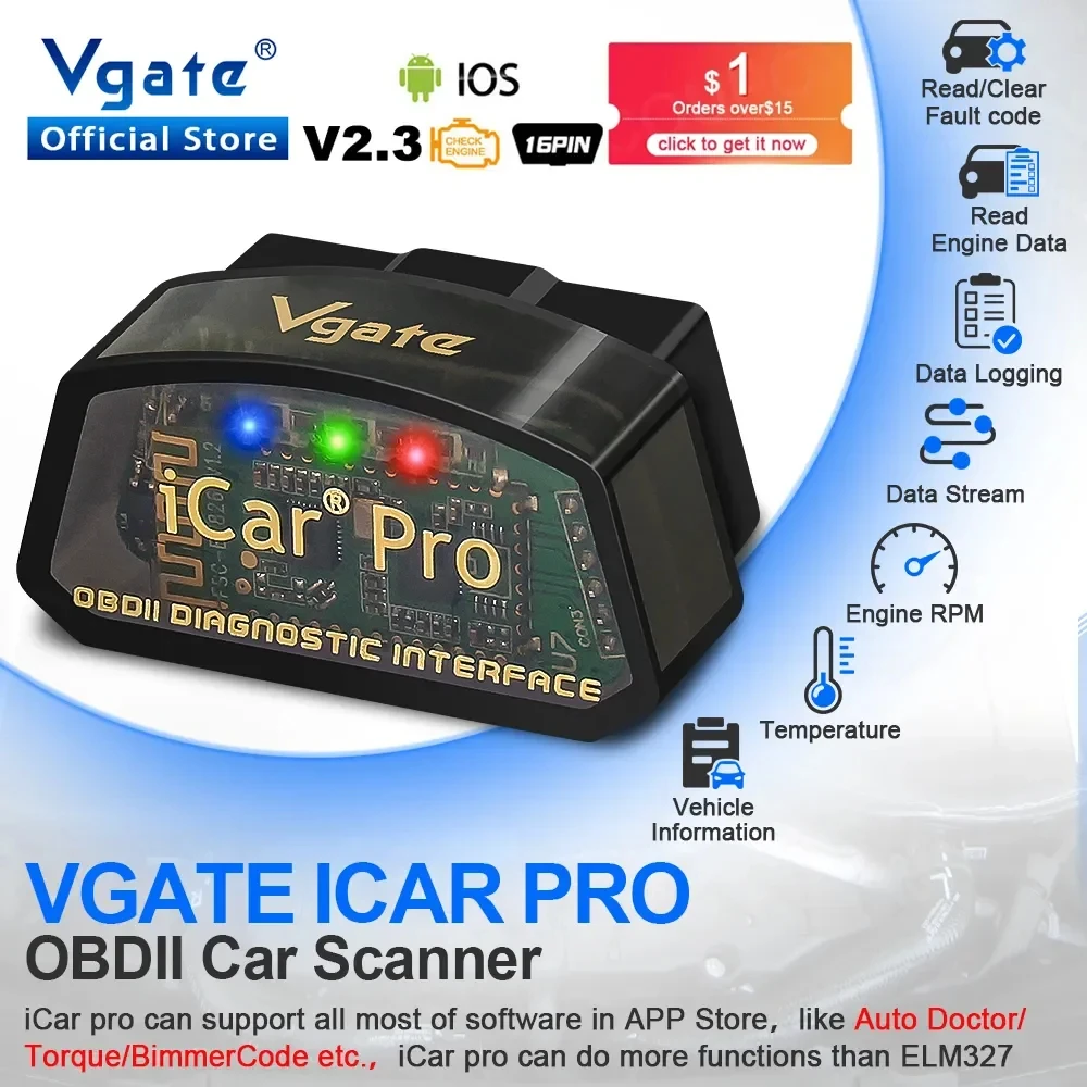 Vgate iCar Pro 자동차 자동 진단 스캐너, iOS 스캔 도구용 와이파이 블루투스 4.0, elm327 V2.3 OBD 2 OBD2 PK ELM 327 V1 5 