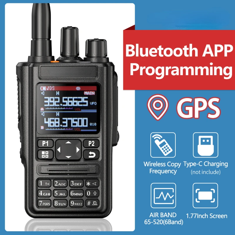 

Walkie Talkie Bluetooth Program GPS Transceiver 136-520Mhz All Band Wireless Copy Frequency Type-C Two Way Radio